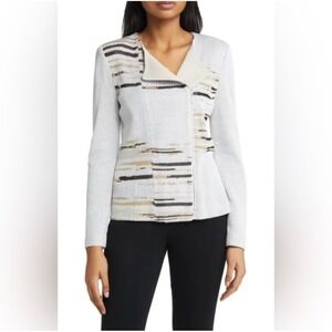 Ming Wang Womens XL Asymmetrical Zip Knit Jacket Abstract Stripe Grey Tan‎ Black